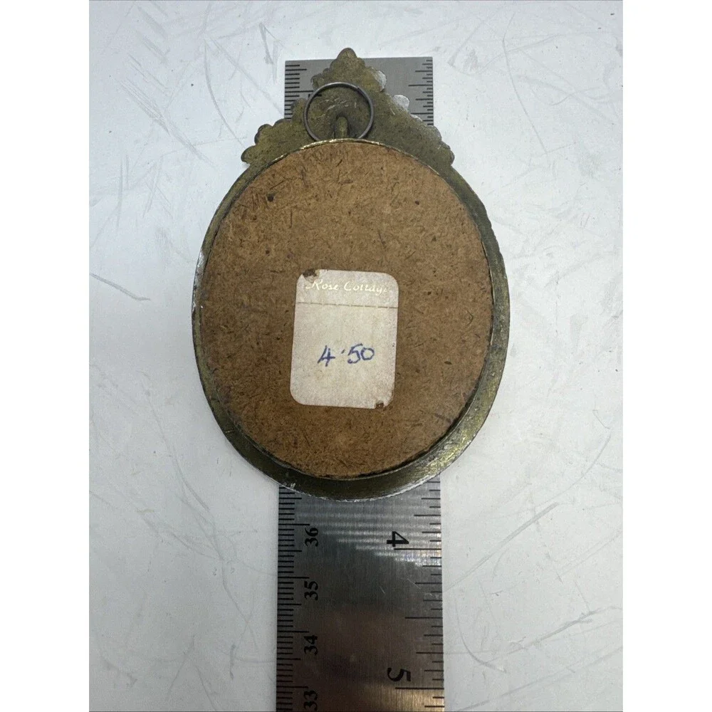 Antique style miniature bronze - gold oval picture frame ornate details W/ Photo